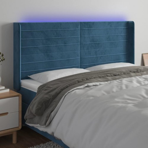 Sengegavl med LED-lys i fløjl - mørkeblå, 203 x 16 x 118/128 cm