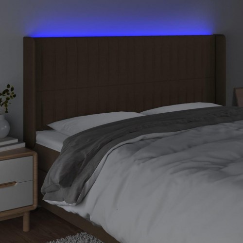 Sengegavl med LED-lys - mørkebrun, 203 x 16 x 118/128 cm