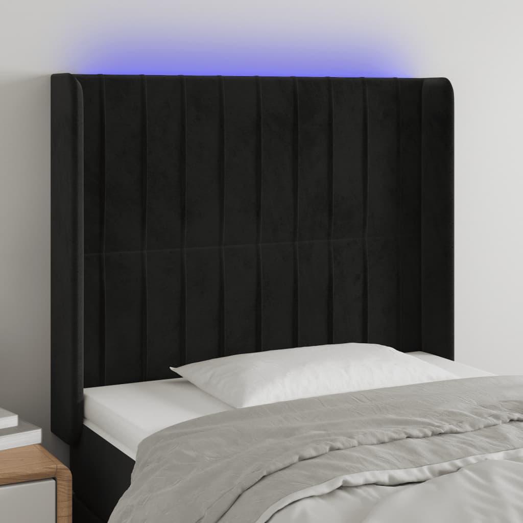 Sengegavl i fløjl med LED-lys - 83×16×118/128 cm, sort