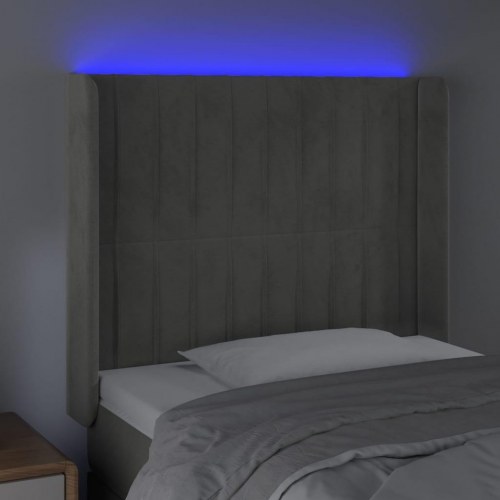 Sengegavl med LED-lys i fløjl - lysegrå, 93 x 16 x 118/128 cm