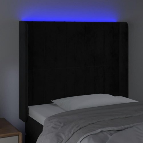 Sengegavl med LED-lys i fløjl - sort, 93 x 16 x 118/128 cm