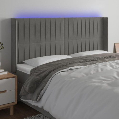 Sengegavl med LED-lys 163 x 16 x 118/128 cm fløjl - lysegrå