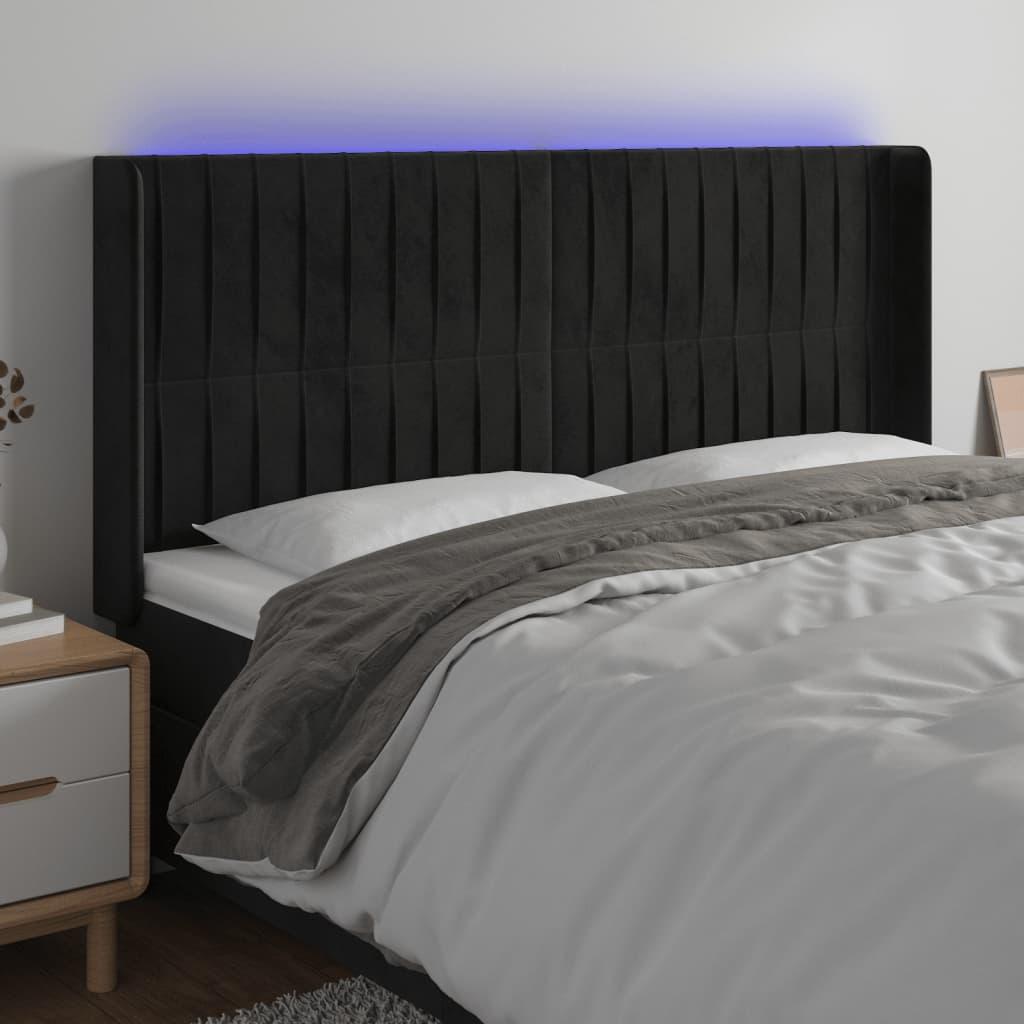 Sengegavl med LED-lys 163x16x118/128 cm - fløjl, sort