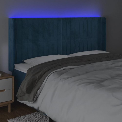 Sengegavl med LED-lys i fløjl - mørkeblå, 163 x 16 x 118/128 cm