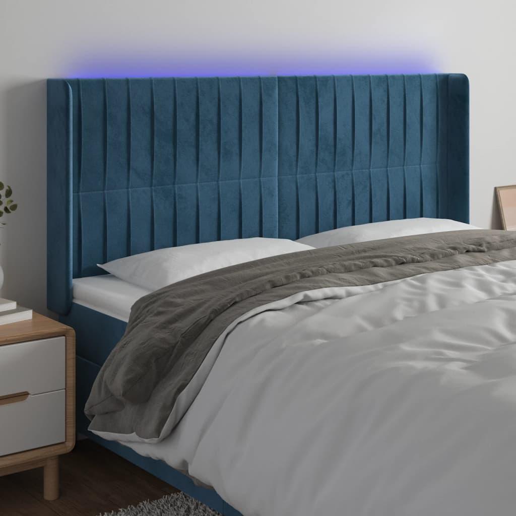 Sengegavl med LED-lys 183x16x118/128 cm - fløjl, mørkeblå