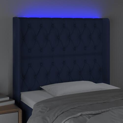 Sengegavl med LED-lys 93x16x118/128 cm stof blå