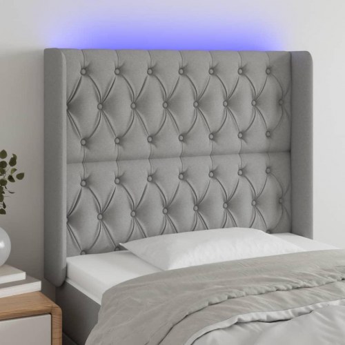 Sengegavl med LED-lys 103 x 16 x 118/128 cm stof lysegrå
