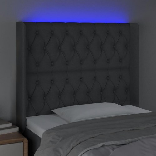 Sengegavl med LED-lys i stof - mørkegrå, 103 x 16 x 118/128 cm