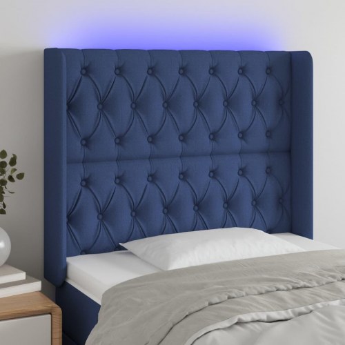 Sengegavl med LED-lys i blå stof - 103 x 16 x 118/128 cm