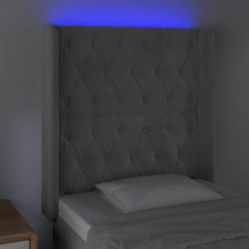 Sengegavl med LED-lys i fløjl - lysegrå, 83 x 16 x 118/128 cm