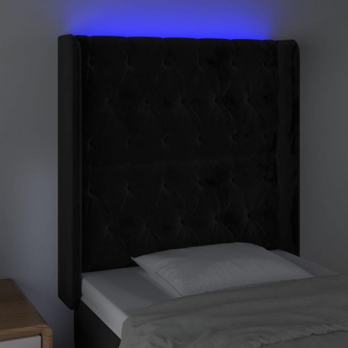Sengegavl med LED-lys i fløjl - sort, 83 x 16 x 118/128 cm