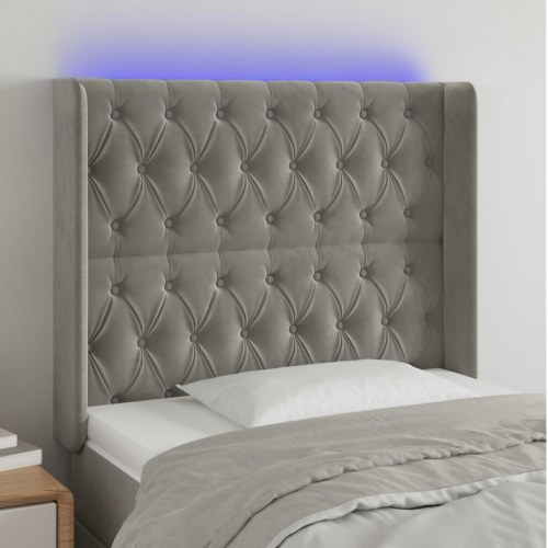 Sengegavl med LED-lys 93 x 16 x 118/128 cm fløjl - lysegrå