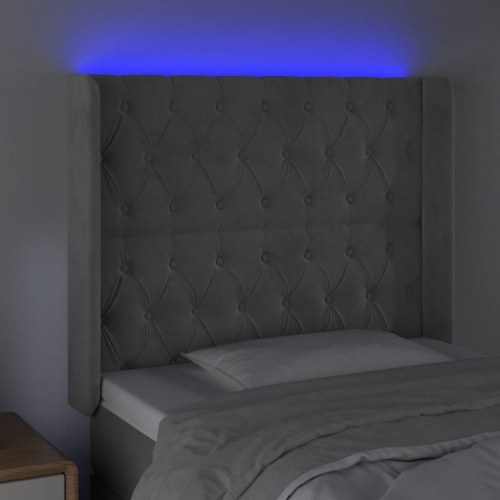 Sengegavl med LED-lys i fløjl - lysegrå, 103 x 16 x 118/128 cm