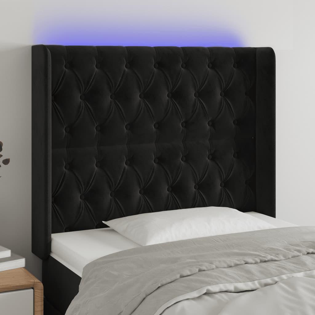Sengegavl Med Led-Lys Fløjl - Sort / 103 x 16 x 118/128 cm