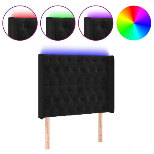 Sengegavl med LED-lys i fløjl - sort, 103 x 16 x 118/128 cm
