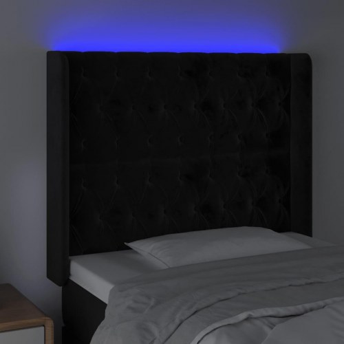 Sengegavl med LED-lys i fløjl - sort, 103 x 16 x 118/128 cm