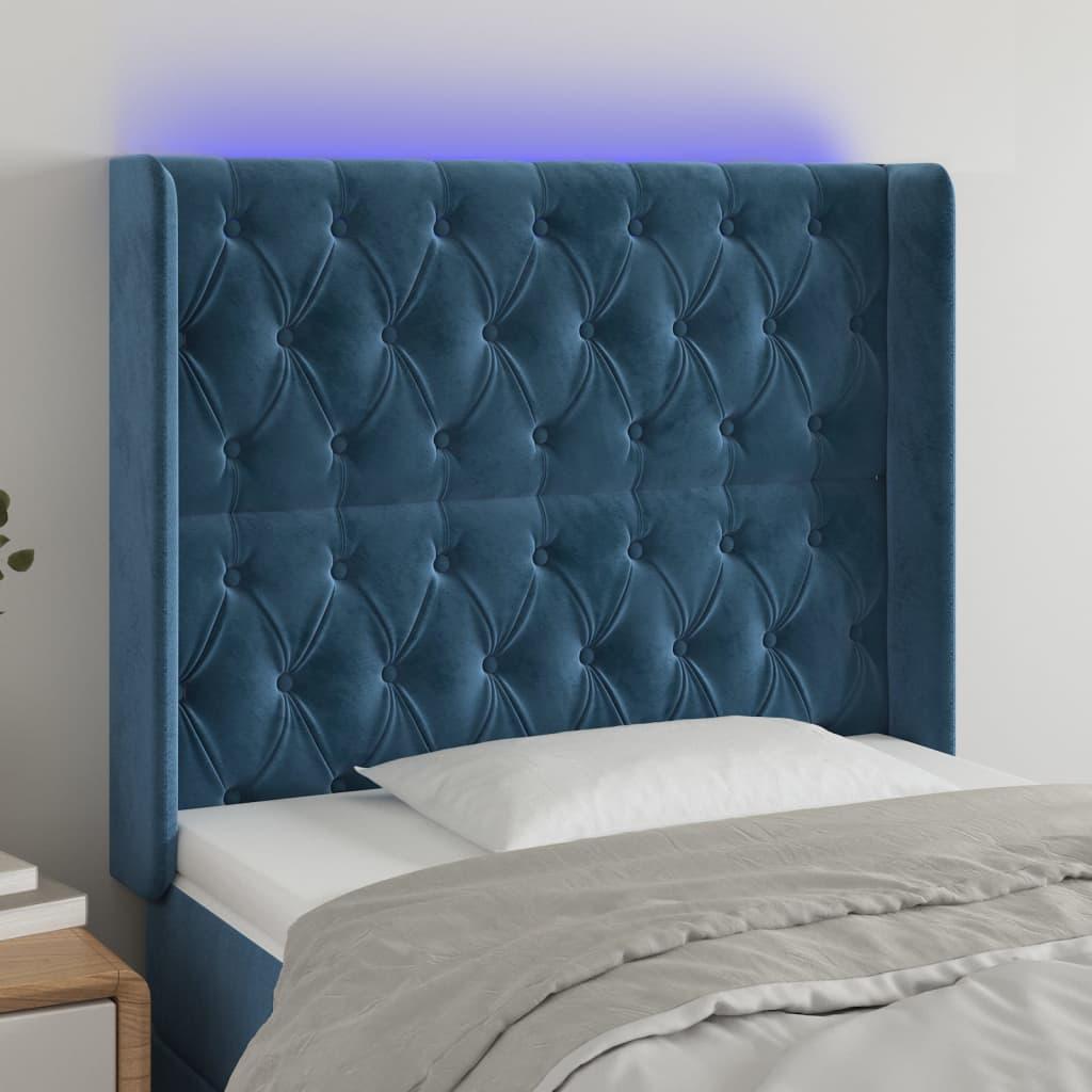 Sengegavl i fløjl med LED-lys 103x16x118/128 cm - mørkeblå