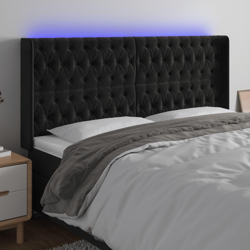 Sengegavl med LED-lys 183x16x118/128 cm - fløjl, sort
