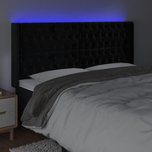 Sengegavl med LED-lys i fløjl - sort 183 x 16 x 118/128 cm