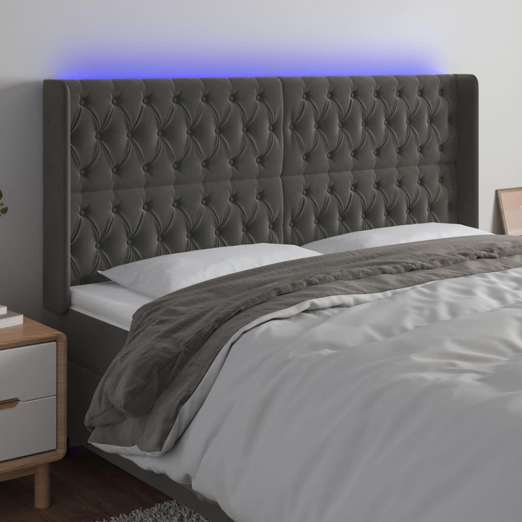 Sengegavl Med Led-Lys Fløjl - Mørkegrå / 203 x 16 x 118/128 cm