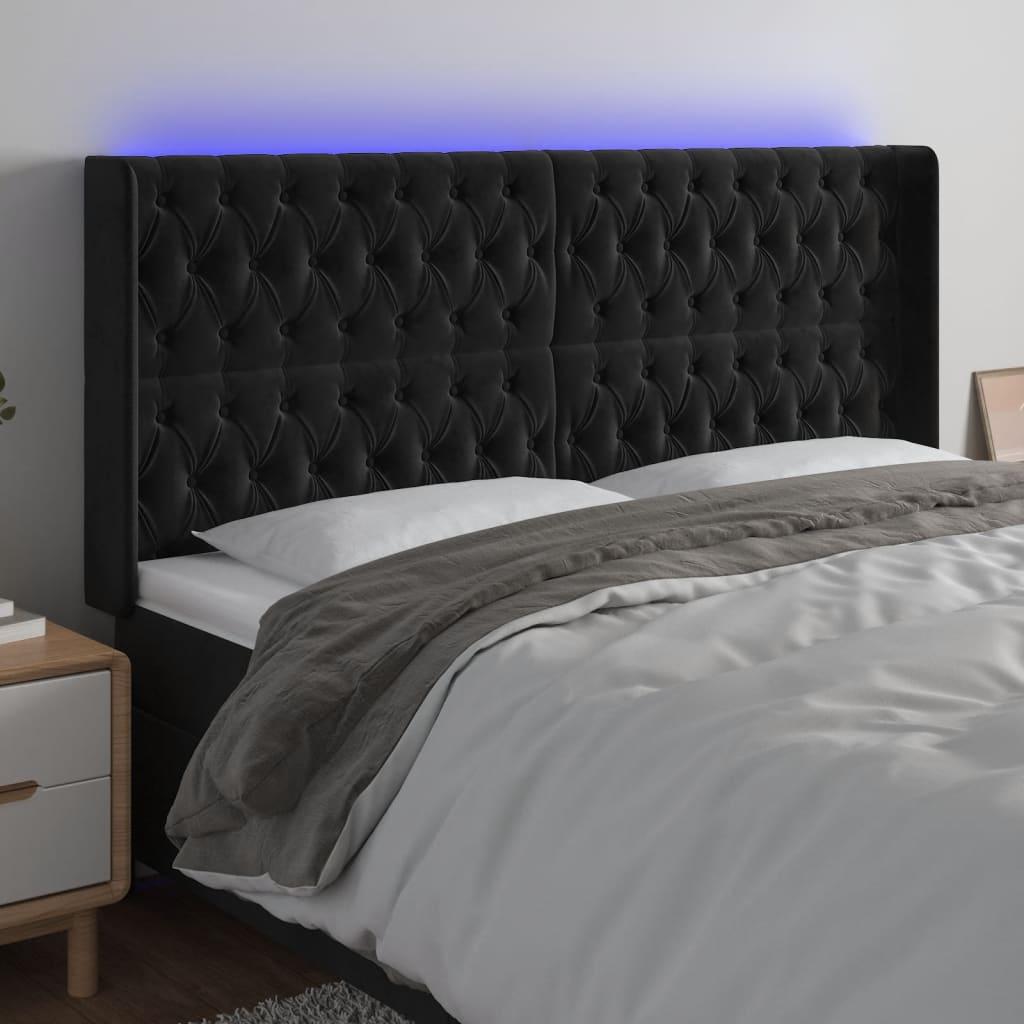 Sengegavl Med Led-Lys Fløjl - Sort / 203 x 16 x 118/128 cm