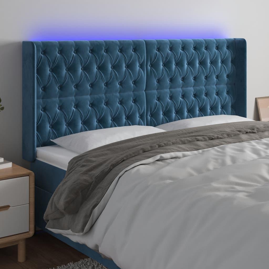 Sengegavl med LED-lys 203x16x118/128 cm - fløjl, mørkeblå