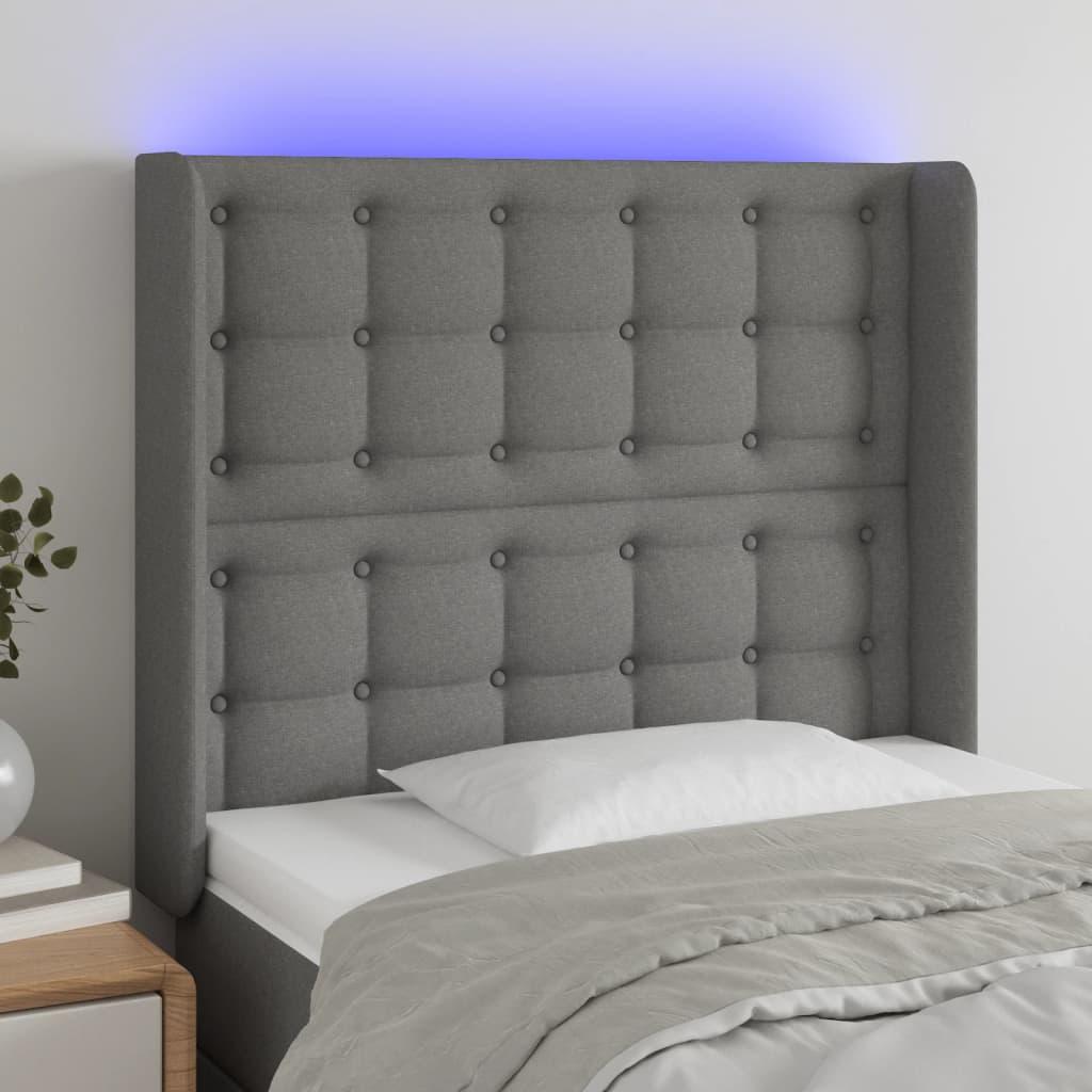 Sengegavl med LED-lys 83×16×118/128 cm - stof, mørkegrå