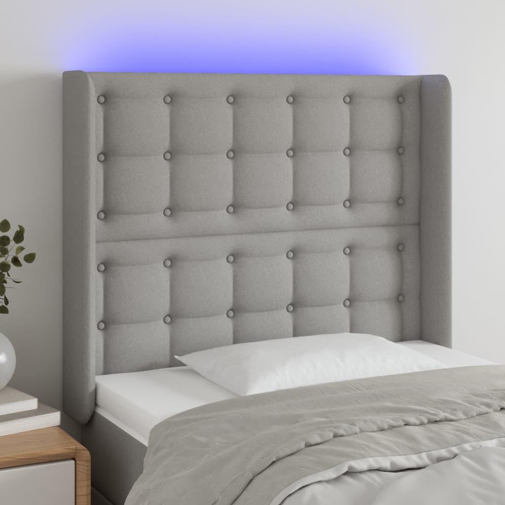 Sengegavl med LED-lys 103×16×118/128 cm - stof, lysegrå