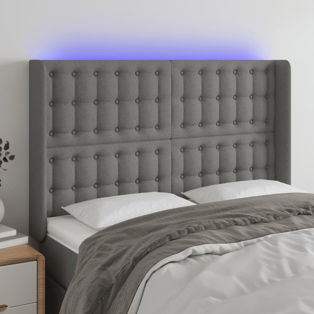 Sengegavl med LED-lys 147×16×118/128 cm - stof, mørkegrå