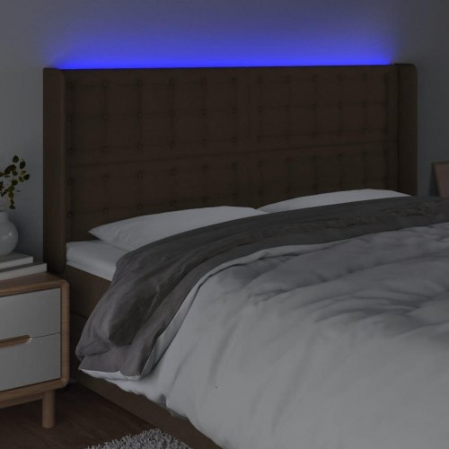 Sengegavl med LED-lys i stof - mørkebrun, 163 x 16 x 118/128 cm