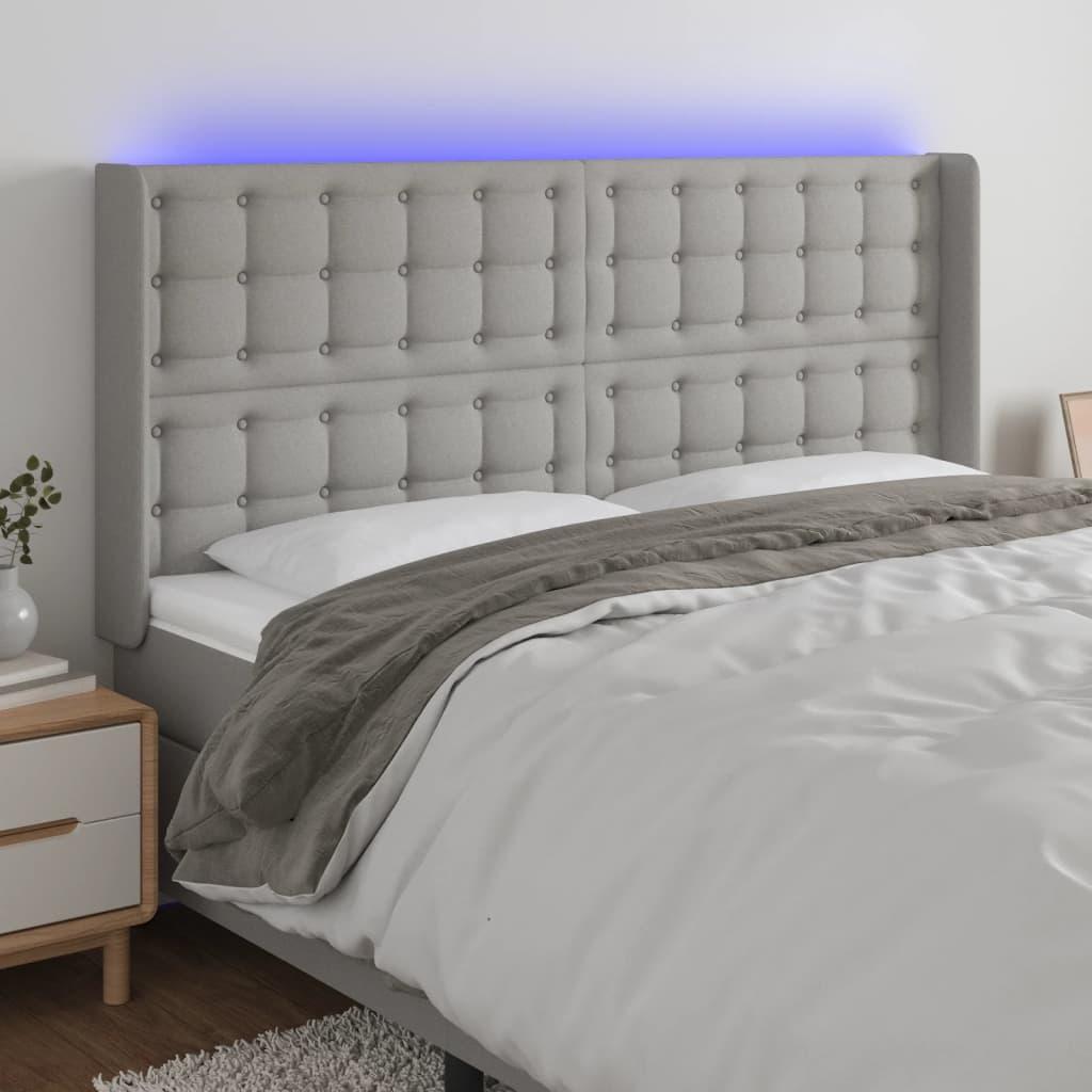 Sengegavl med LED-lys - 203×16×118/128 cm, stof, lysegrå