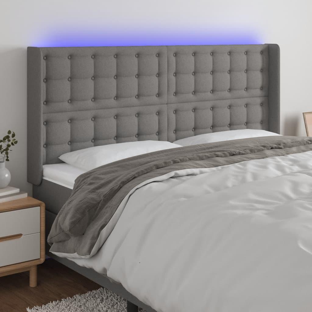 Sengegavl med LED-lys 203×16×118/128 cm - stof, mørkegrå