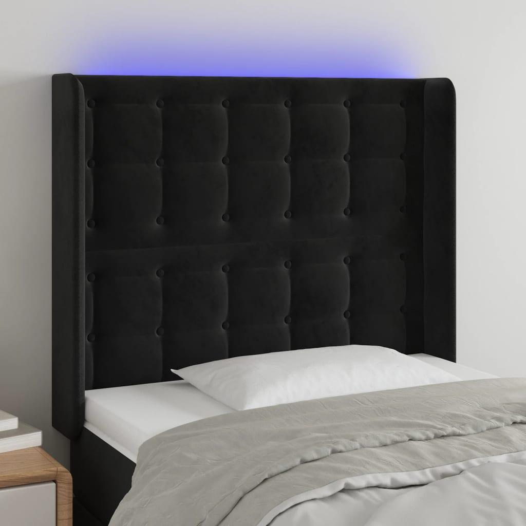 Sengegavl med LED-lys 83x16x118/128 cm fløjl sort billede