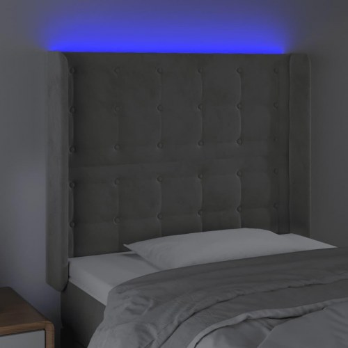 Sengegavl med LED-lys i fløjl - lysegrå, 93 x 16 x 118/128 cm