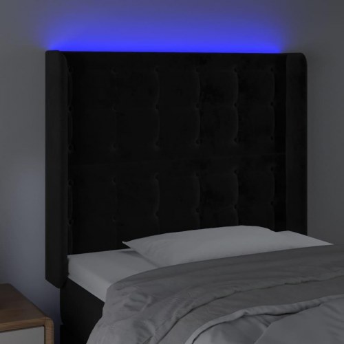 Sengegavl med LED-lys i fløjl - sort, 93 x 16 x 118/128 cm