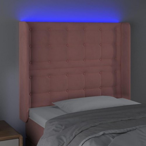 Sengegavl med LED-lys i fløjl - lyserød, 93 x 16 x 118/128 cm