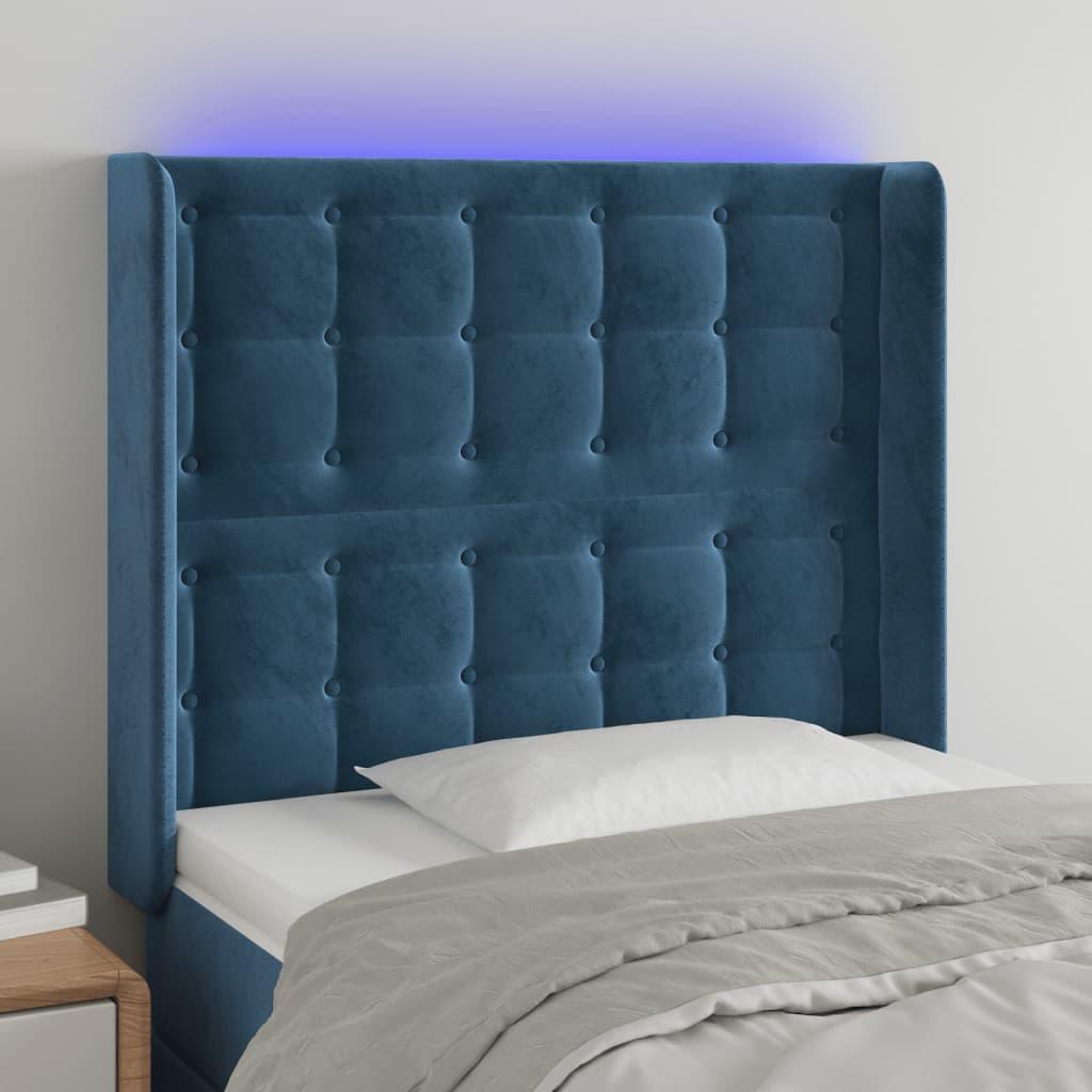 Sengegavl med LED-lys 103×16×118/128 cm - fløjl, mørkeblå