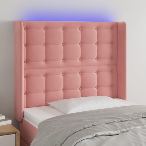 Sengegavl med LED-lys i fløjl - lyserød 103 x 16 x 118/128 cm