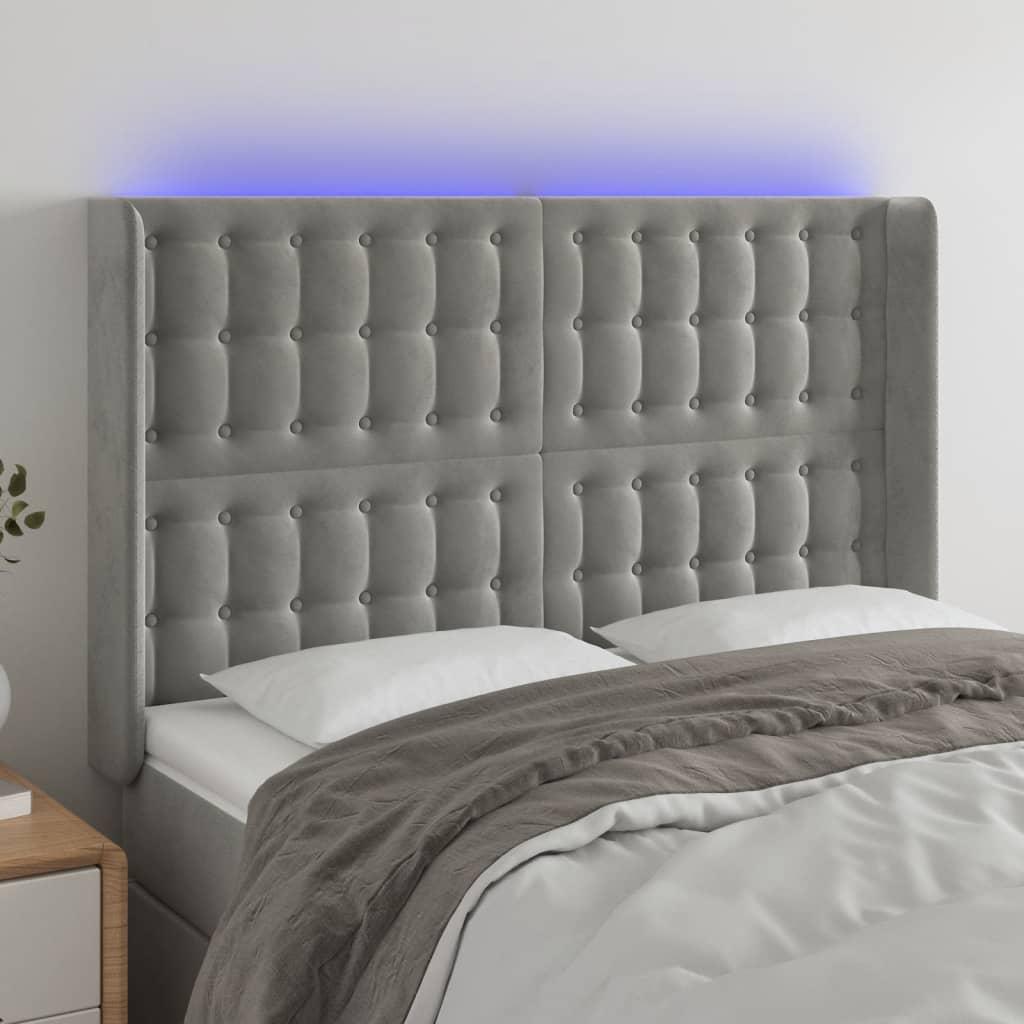 Sengegavl Med Led-Lys Fløjl - Lysegrå / 147 x 16 x 118/128 cm