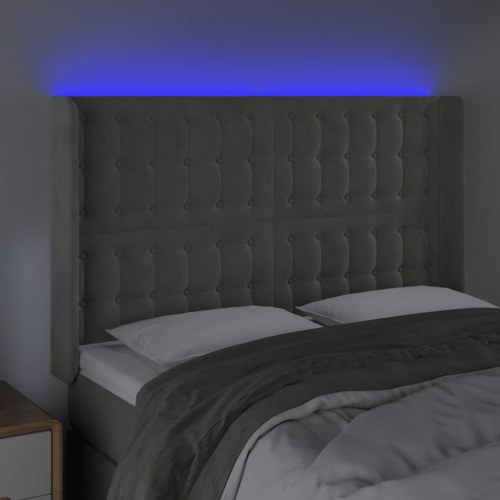 Sengegavl med LED-lys i fløjl - lysegrå, 147 x 16 x 118/128 cm