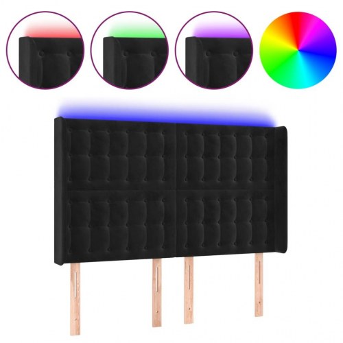 Sengegavl med LED-lys i fløjl - sort, 147 x 16 x 118/128 cm