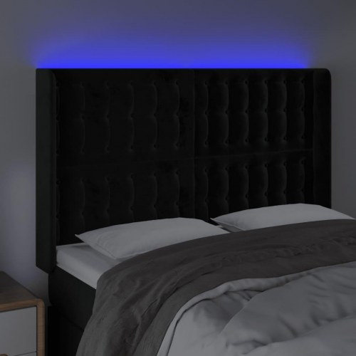 Sengegavl med LED-lys i fløjl - sort, 147 x 16 x 118/128 cm