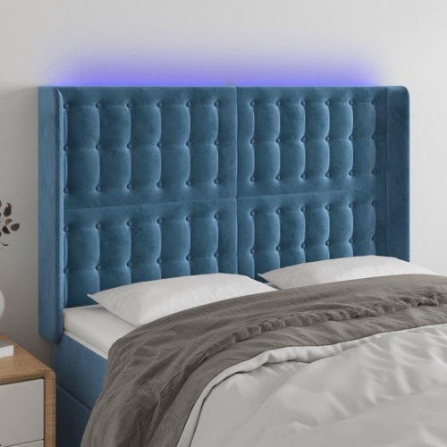 Sengegavl med LED-lys 147 x 16 x 118/128 cm i fløjl - mørkeblå
