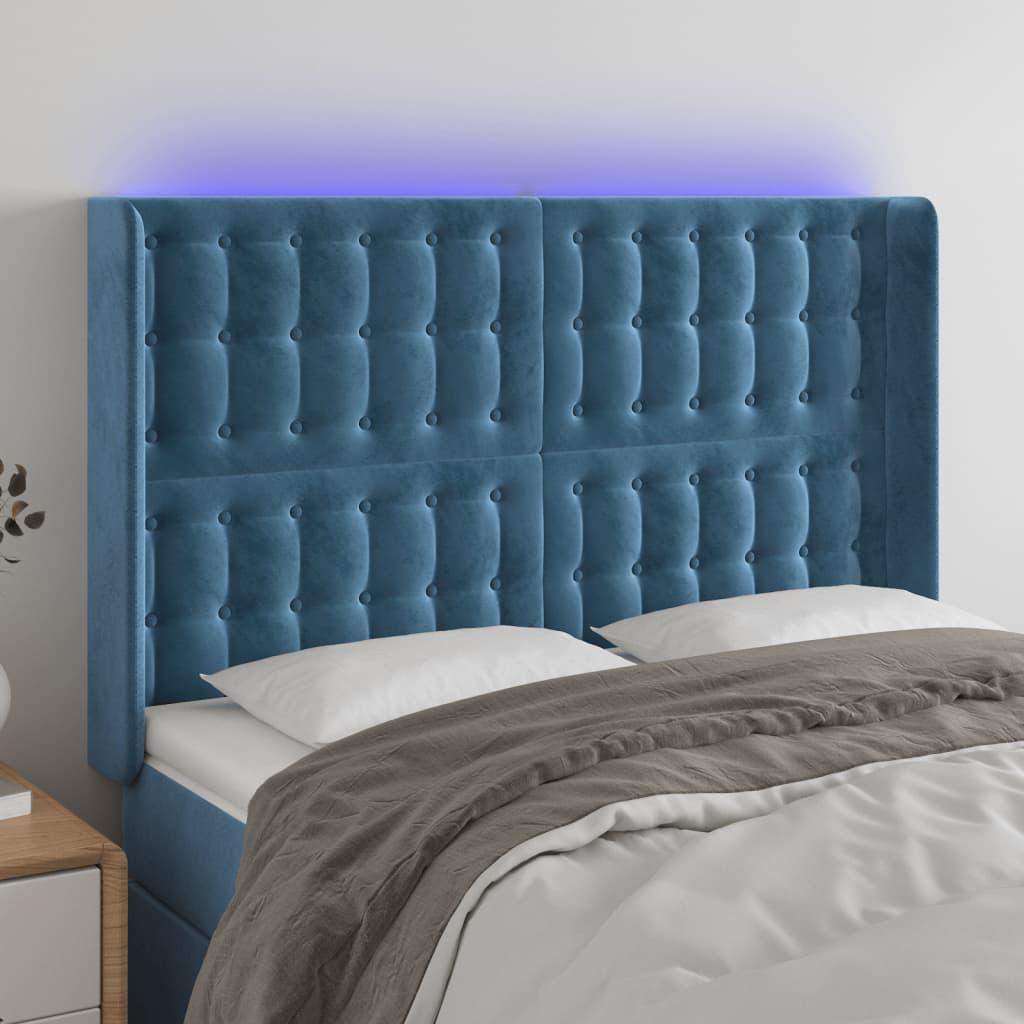 Sengegavl med LED-lys i fløjl - 147x16x118/128 cm, mørkeblå