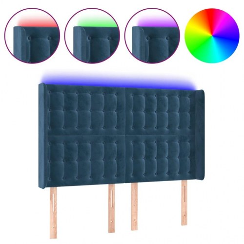 Sengegavl med LED-lys 147 x 16 x 118/128 cm i fløjl - mørkeblå