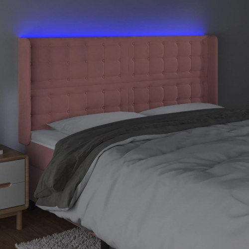 Sengegavl med LED-lys i fløjl 183 x 16 x 118/128 cm - lyserød