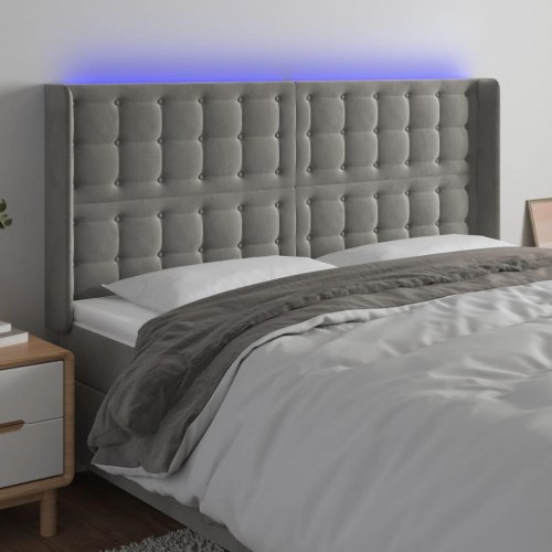 Sengegavl med LED-lys i fløjl 203 x 16 x 118/128 cm - lysegrå