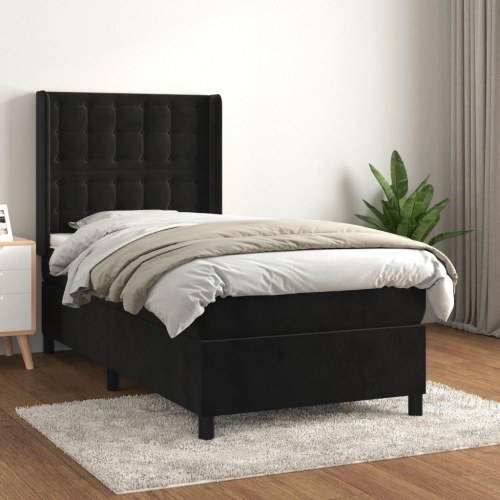 Kontinentalseng 100x200 cm i sort fløjl med madras og topmadras