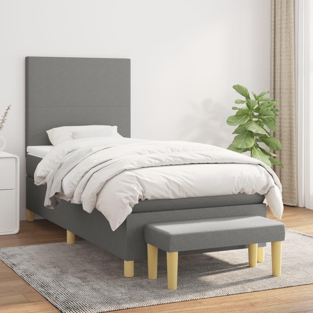 Kontinentalseng med madras 100×200 cm - mørkegrå stof, inkl. topmadras og bænk