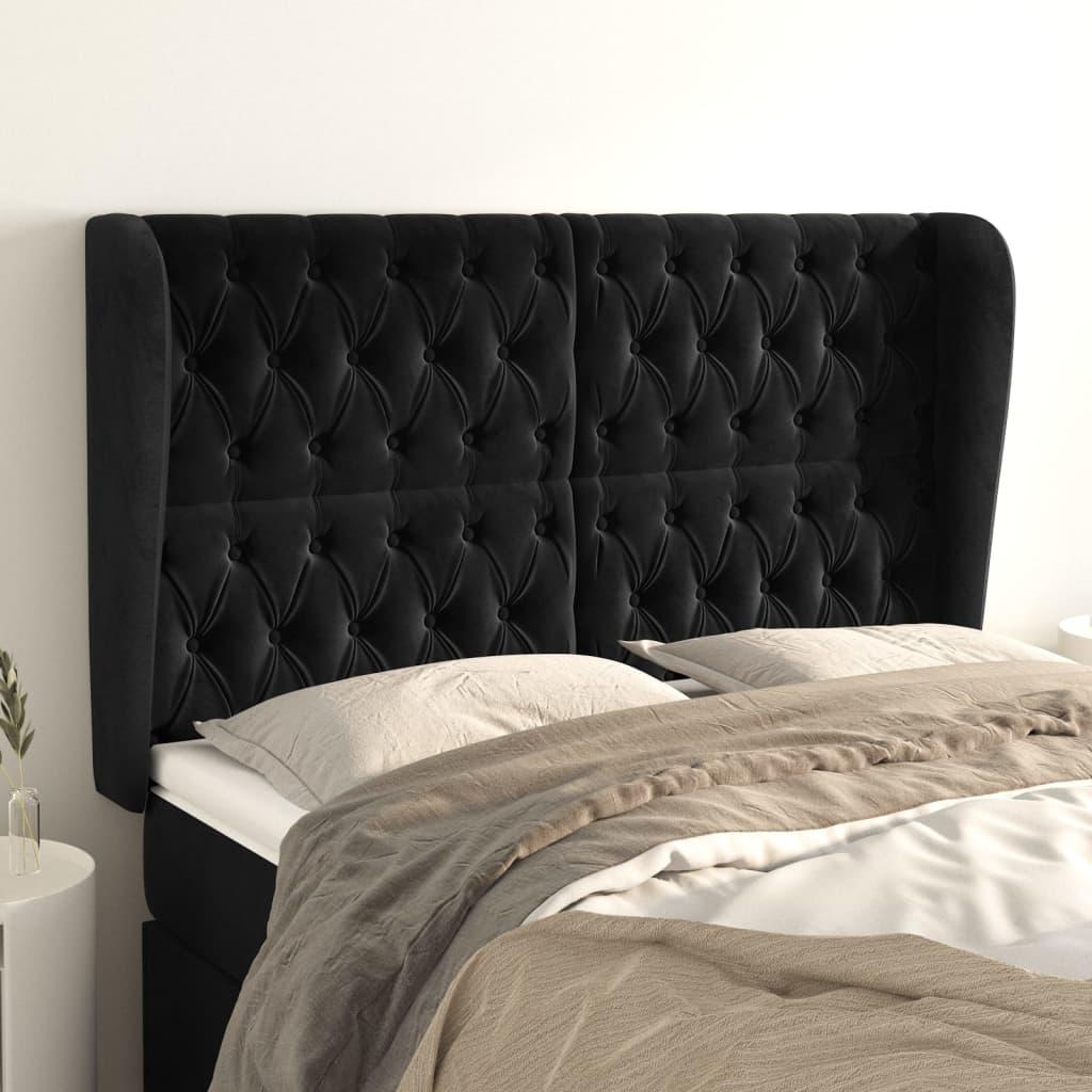 Sengegavl Med Kanter Fløjl - Sort / 147 x 23 x 118/128 cm